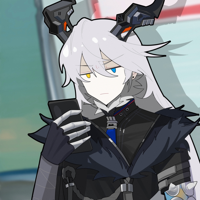 absurdres, bandaged_wrist, bandages, black_coat, black_fur, black_gloves, black_horns, cellphone