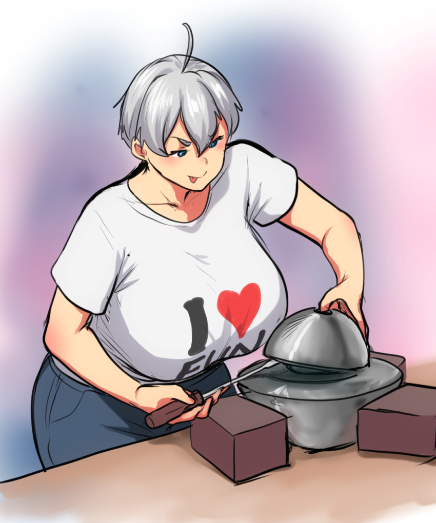 1girl, ahoge, blue_eyes, blue_pants, blurry, blurry_background, blush, breasts