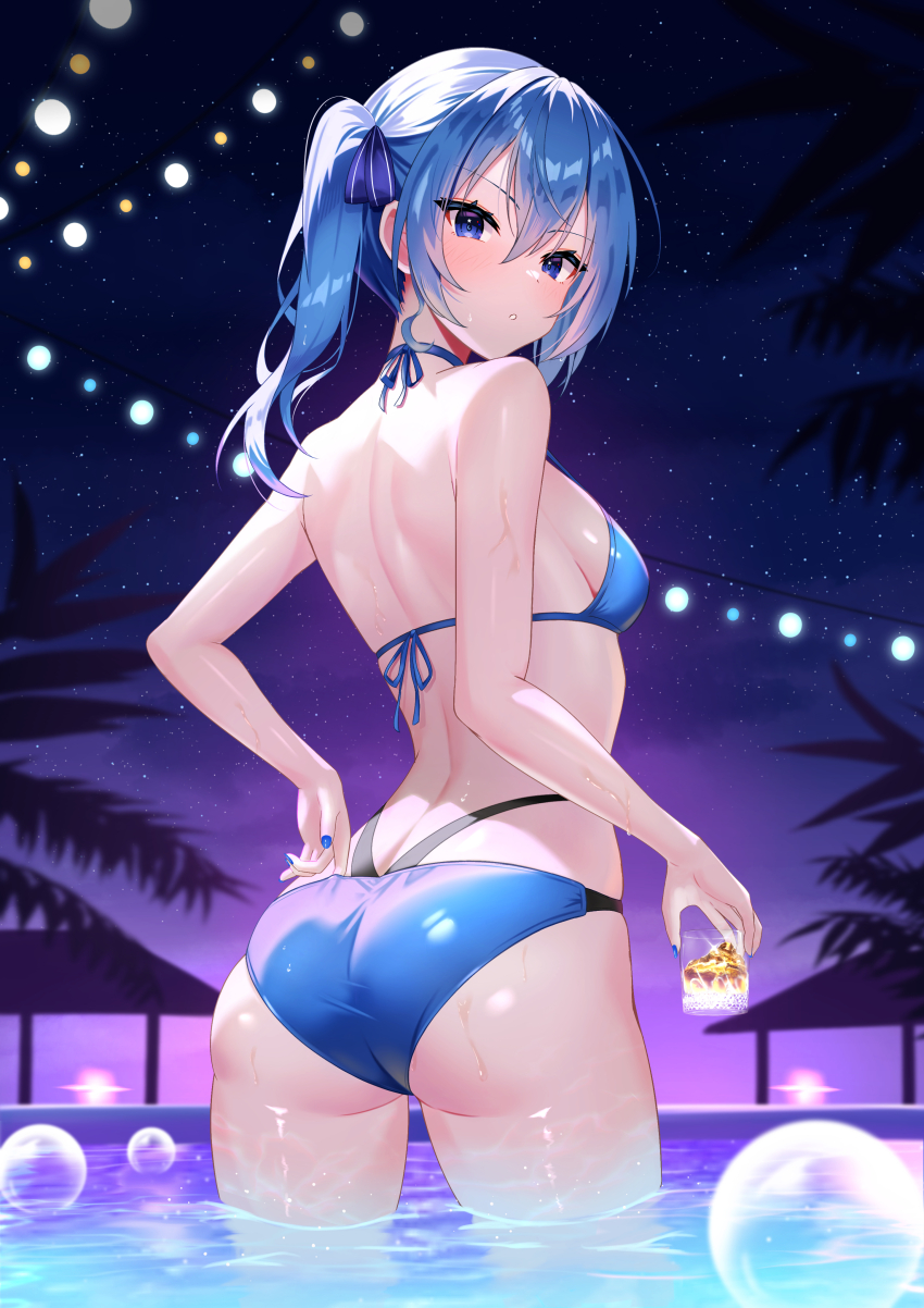 1girl, absurdres, ass, back, bikini, blue_bikini, blue_hair, blue_nails, blue_ribbon, breasts, cup, hair_ribbon, halterneck, highleg, highleg_bikini, highres, holding, holding_cup, hololive, hoshimachi_suisei, looking_at_viewer, nail_polish, night, one_side_up, palm_tree, ribbon, sideboob, sky, small_breasts, solo, star_(sky), star_(symbol), star_in_eye, starry_sky, string_bikini, swimsuit, symbol_in_eye, telu_(teluscarlet), tree, virtual_youtuber