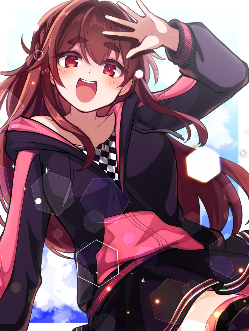 1girl, absurdres, arm_at_side, arm_up, axia_(03400441), black_hoodie, black_shirt, black_skirt