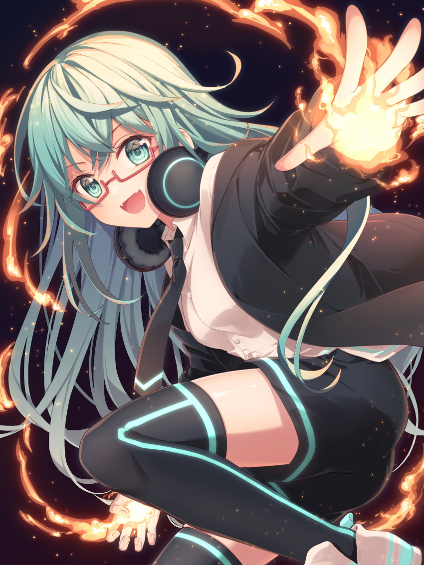 1girl, :d, absurdres, arm_at_side, black_background, black_jacket, black_necktie, black_skirt