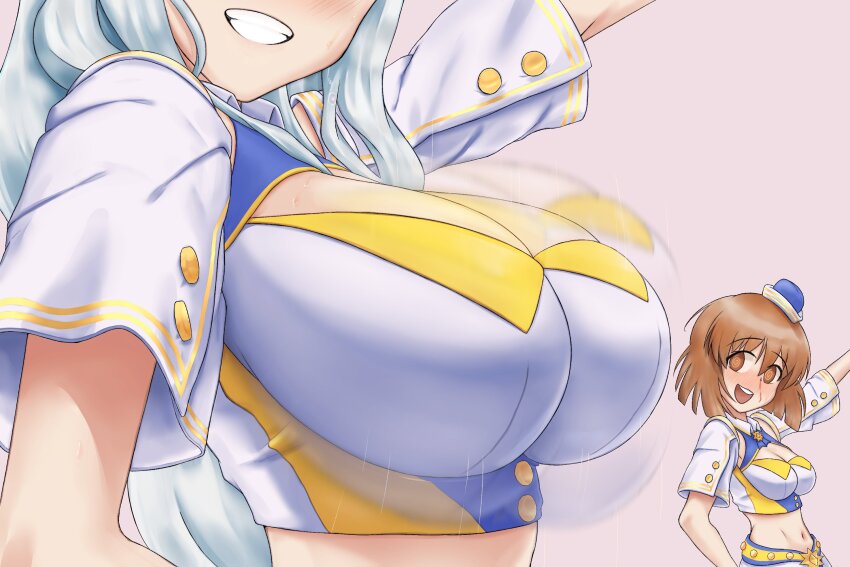 2girls, @_@, arm_up, blood, bob_cut, bouncing_breasts, breast_awe, breasts