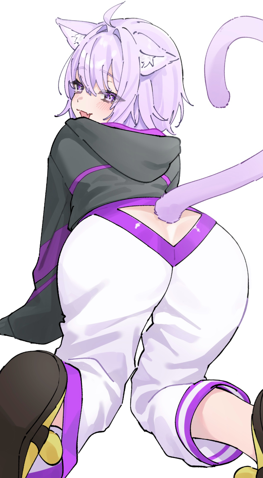 1girl, :d, ahoge, all_fours, animal_ear_fluff, animal_ears, ass, black_hoodie, butt_crack, cat_ears, cat_girl, cat_tail, clothing_cutout, colored_shoe_soles, commentary_request, crossed_bangs, dareka3ab, fang, from_behind, hair_between_eyes, hair_intakes, highres, hololive, hood, hoodie, long_sleeves, looking_at_viewer, looking_back, nekomata_okayu, nekomata_okayu_(1st_costume), open_mouth, pants, purple_eyes, purple_hair, shoes, short_hair, simple_background, skin_fang, smile, solo, sweatpants, tail, tail_through_clothes, virtual_youtuber, white_background, white_pants, yellow_shoes