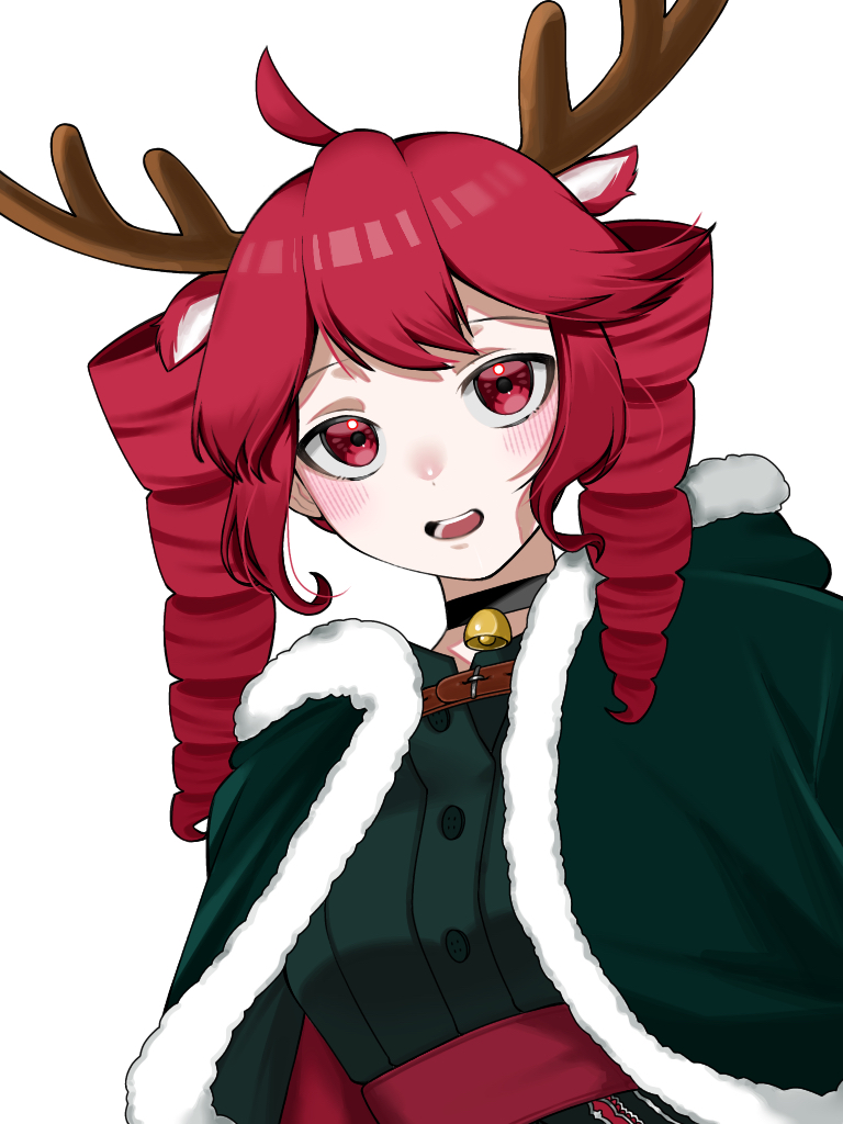 1girl, ahoge, animal_ears, antlers, bell, black_choker, black_coat, buttons