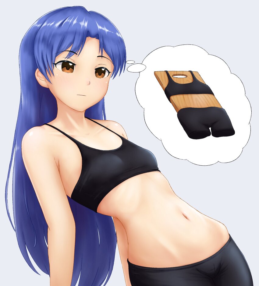 1girl, absurdres, black_sports_bra, blue_hair, breast_conscious, breasts, brown_eyes, clothes_on_object