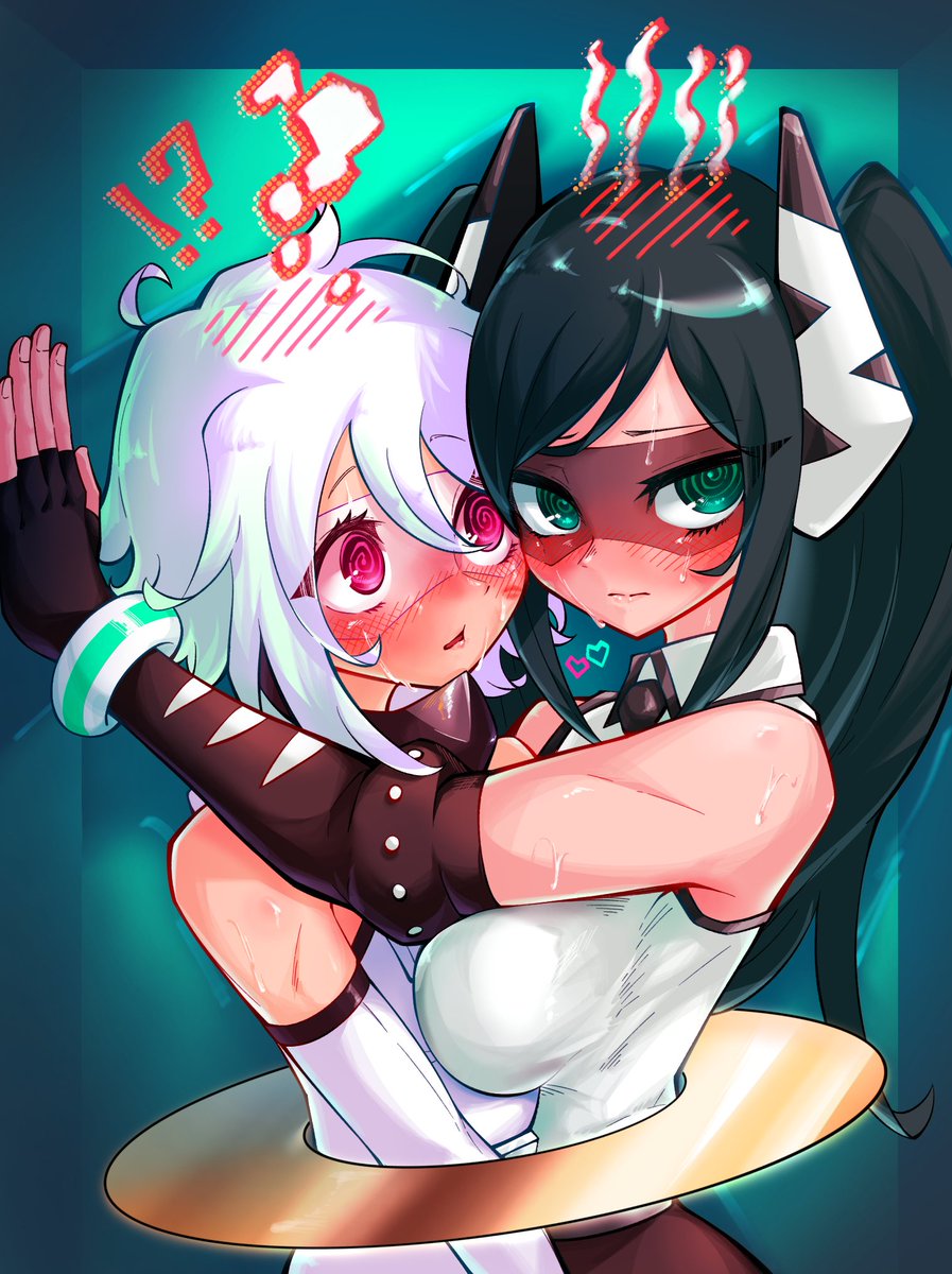 !?, 2girls, @_@, aygoftenover, black_hair, blush, bound_together, box, breasts, dunant_pilse, elbow_gloves, embarrassed, fingerless_gloves, gloves, green_eyes, hair_blush, heart, highres, hug, in_box, in_container, lady_black_(shy), long_hair, looking_at_another, looking_to_the_side, medium_breasts, medium_hair, multiple_girls, pink_eyes, shy_(character), shy_(series), sleeveless, steam, sweat, twintails, upper_body, white_hair, yuri