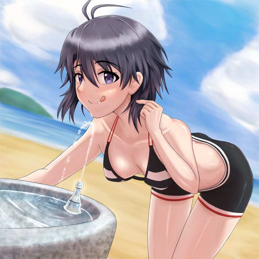 1girl, :p, absurdres, antenna_hair, beach, bent_over, black_eyes, black_hair
