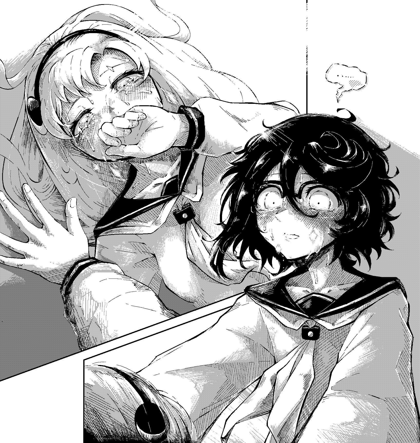 ..., 2girls, aygoftenover, black_hair, blush, covering_own_mouth, crying, crying_with_eyes_open