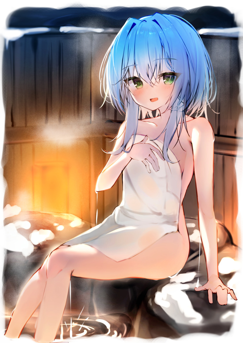 1girl, :d, absurdres, arm_at_side, bare_shoulders, blue_hair, blush, breath