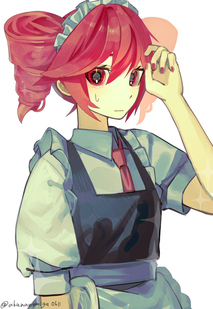 1girl, apron, blush, closed_mouth, collared_dress, double-parted_bangs, dress, drill_hair