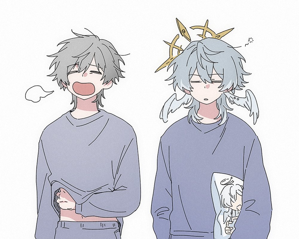 2boys, :o, =_=, blue_pajamas, blue_shirt, caelus_(honkai:_star_rail), closed_eyes, commentary_request, feathered_wings, grey_hair, grey_pajamas, grey_shirt, hair_between_eyes, halo, halo_behind_head, head_wings, holding, holding_pillow, honkai:_star_rail, honkai_(series), korean_commentary, la_7_7_7, long_sleeves, male_focus, medium_hair, messy_hair, multiple_boys, open_mouth, pajamas, parted_lips, piercing, pillow, shirt, short_hair, simple_background, sleepy, squeans, sunday_(honkai:_star_rail), trailblazer_(honkai:_star_rail), white_background, white_wings, wing_piercing, wings, yawning