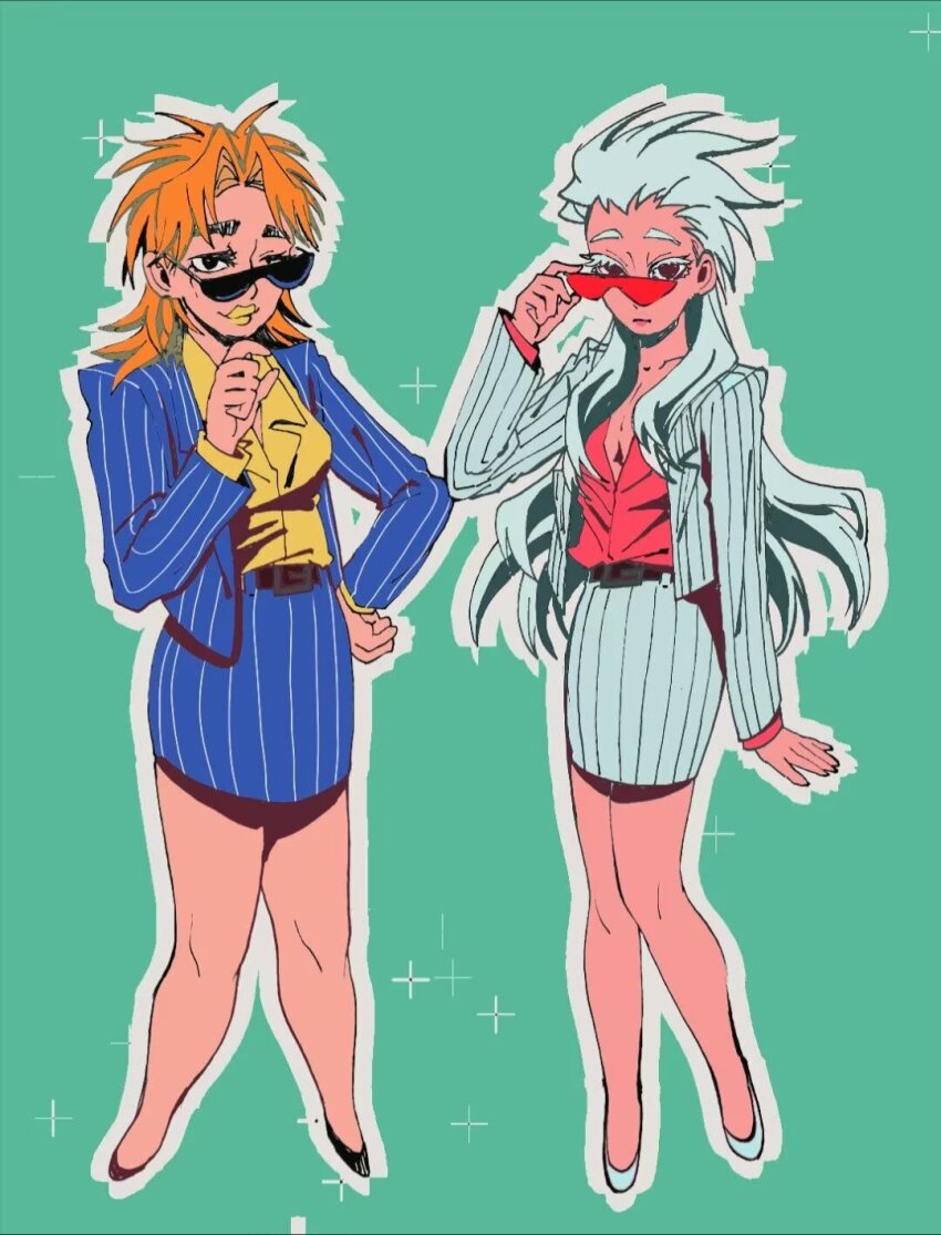 2girls, akagi:_yami_ni_oritatta_tensai, black_eyes, blazer, blue_background, blue_jacket, blue_skirt, breasts