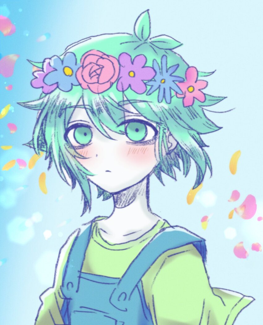 1boy, antenna_hair, basil_(headspace)_(omori), basil_(omori), blue_overalls, blush, closed_mouth, colored_skin