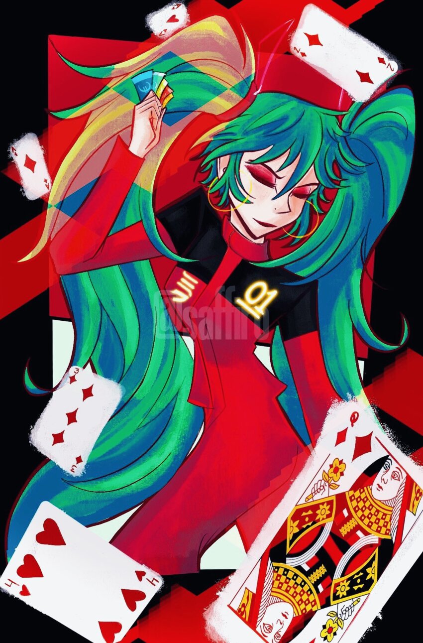 1girl, aqua_hair, card, closed_eyes, cowboy_shot, earrings, flag, hatsune_miku, highres, hoop_earrings, jewelry, long_hair, monaco_(city), monaco_flag, playing_card, queen_(playing_card), racing_suit, saffiro, simple_background, solo, tagme, twintails, very_long_hair, vocaloid, worldwide_miku