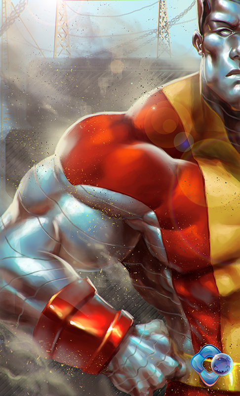 1boy, armband, chain, colossus_(x-men), dr-conz, dust_cloud, hand_on_own_hip, male_focus