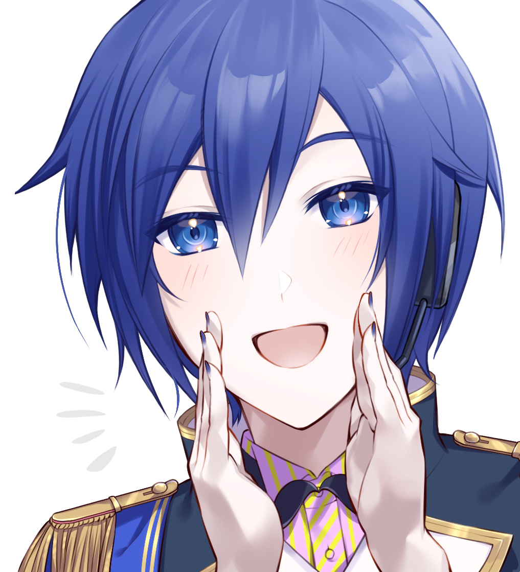1boy, blue_eyes, blue_hair, blue_nails, blush, collared_jacket, cupping_hands, hair_between_eyes, hands_up, headset, jacket, kaito_(vocaloid), looking_at_viewer, male_focus, open_mouth, own_hands_together, portrait, project_sekai, rotto3, short_hair, solo, vocaloid, white_background, wonderlands_x_showtime_kaito