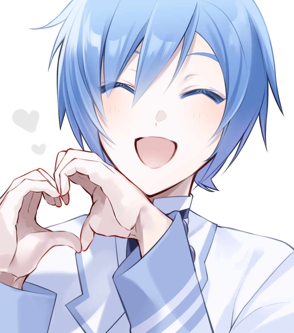 1boy, blue_hair, blush, closed_eyes, colored_eyelashes, commentary_request, hair_between_eyes, hands_up, happy, heart, heart_hands, kaito_(vocaloid), light_blue_hair, looking_at_viewer, male_focus, open_mouth, pale_color, portrait, project_diva_(series), rotto3, shirt, short_hair, smile, vocaloid, white_background, kaito_(white_blazer)_(vocaloid), white_shirt