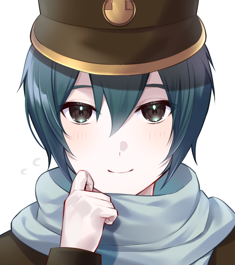 1925_(vocaloid), 1boy, adjusting_scarf, blue_hair, blue_scarf, blush, brown_coat, brown_hat