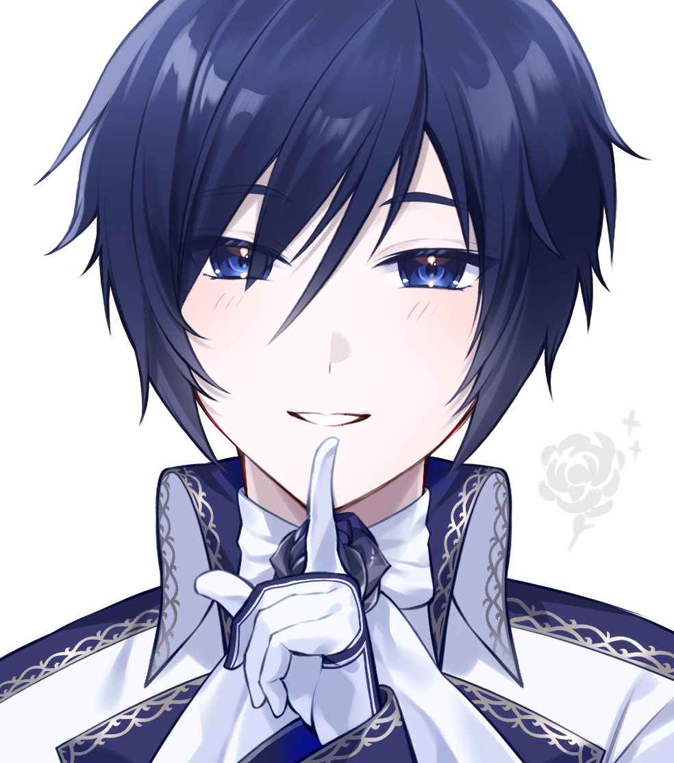 1boy, ascot, blue_eyes, blue_flower, blue_hair, blue_nails, blue_rose, blush