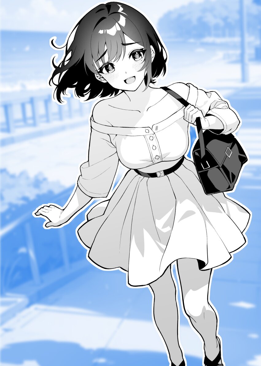 !?, 1girl, :d, absurdres, bag, bare_shoulders, blue_background, blush