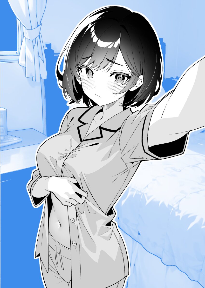 1girl, absurdres, blue_background, blush, breasts, closed_mouth, collared_shirt, embarrassed