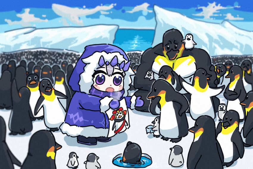 1girl, antarctica, bing_huyue, bird, blush_stickers, chibi, circlet, cloud
