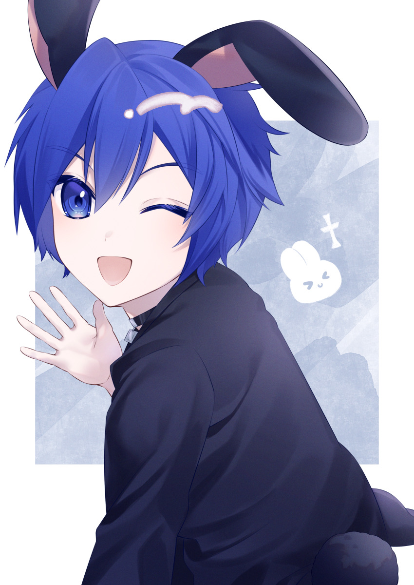 1boy, absurdres, animal_ears, black_choker, black_shirt, blue_eyes, blue_hair, blush, choker, colored_eyelashes, commentary_request, from_side, kaito_(guilty)_(vocaloid), hair_between_eyes, happy, highres, kaito_(vocaloid), looking_at_viewer, male_focus, one_eye_closed, open_mouth, pendant_choker, project_diva_(series), rabbit_boy, rabbit_ears, rabbit_tail, rotto3, shirt, short_hair, simple_background, smile, tail, upper_body, vocaloid, waving