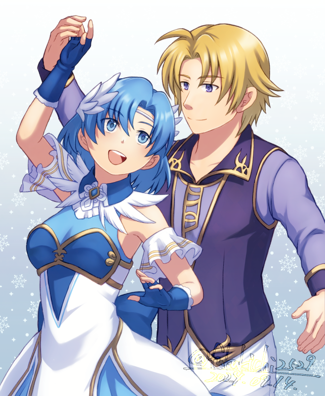 1boy, 1girl, armor, blonde_hair, blue_eyes, blue_gloves, blue_hair, breastplate