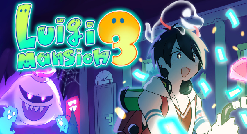 +_+, 1boy, :d, absurdres, bare_arms, bare_shoulders, black_sclera, collarbone