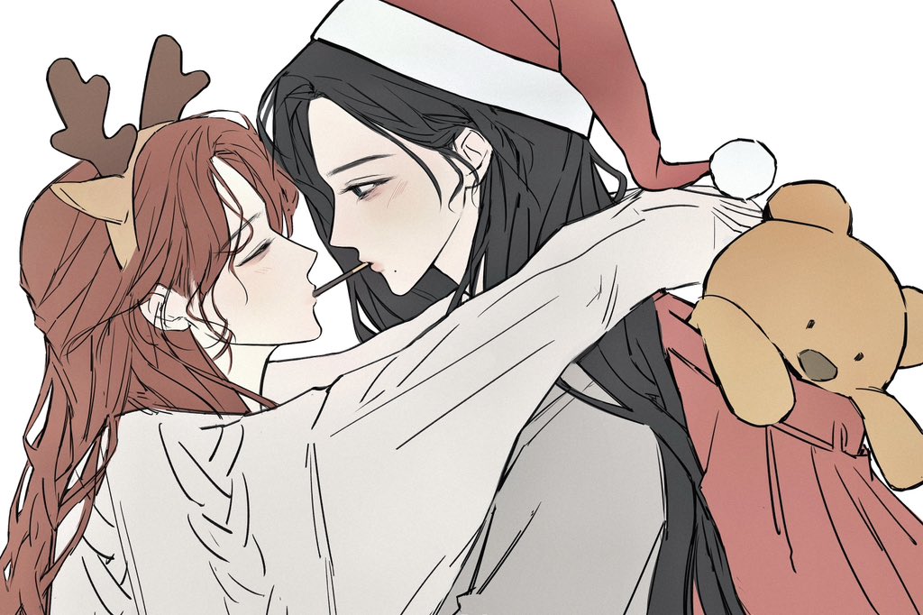 2girls, aespa, antlers, aran_sweater, arms_around_neck, black_hair, blush, cable_knit