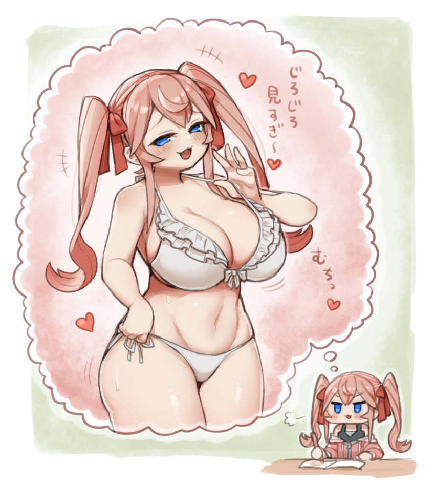 1girl, :3, :d, aged_up, bikini, blue_eyes, blush, bra, breasts, cleavage, drawing_(action), hair_ribbon, highres, ichika_(ichika_manga), large_breasts, navel, open_mouth, original, panties, ribbon, side-tie_bikini_bottom, smile, speech_bubble, sushi_gaki, swimsuit, thought_bubble, twintails, underwear, white_bra, white_panties