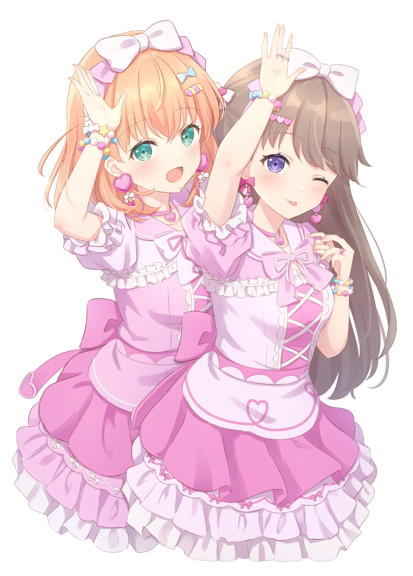 2girls, 2nd_live_tour_~blooming_with_ooo~, :d, ;p, absurdres, aqua_eyes, back_bow, bead_bracelet, beads, behind_another, blue_bow, blush, bow, bracelet, breasts, brown_hair, choker, closed_mouth, collarbone, cross-laced_clothes, cross-laced_dress, crossed_bangs, dress, earrings, frilled_dress, frills, fujishima_megumi, hair_bow, hanazora_satsuki, happy_shijo_shugi!, heart, heart_choker, heart_earrings, highres, hinoshita_kaho, jewelry, link!_like!_love_live!, long_hair, looking_at_viewer, love_live!, medium_breasts, medium_hair, multiple_girls, neck_ribbon, official_alternate_costume, one_eye_closed, open_mouth, orange_hair, pink_bow, pink_choker, pink_dress, pink_ribbon, puffy_short_sleeves, puffy_sleeves, purple_eyes, rabbit_pose, ribbon, short_dress, short_sleeves, simple_background, smile, tongue, tongue_out, two_side_up, virtual_youtuber, white_background, white_bow