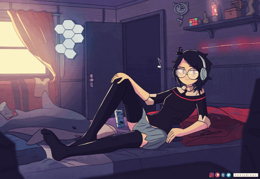 1girl, analog_clock, animated, animated_gif, artist_name, beamed_eighth_notes, bedroom, bespectacled