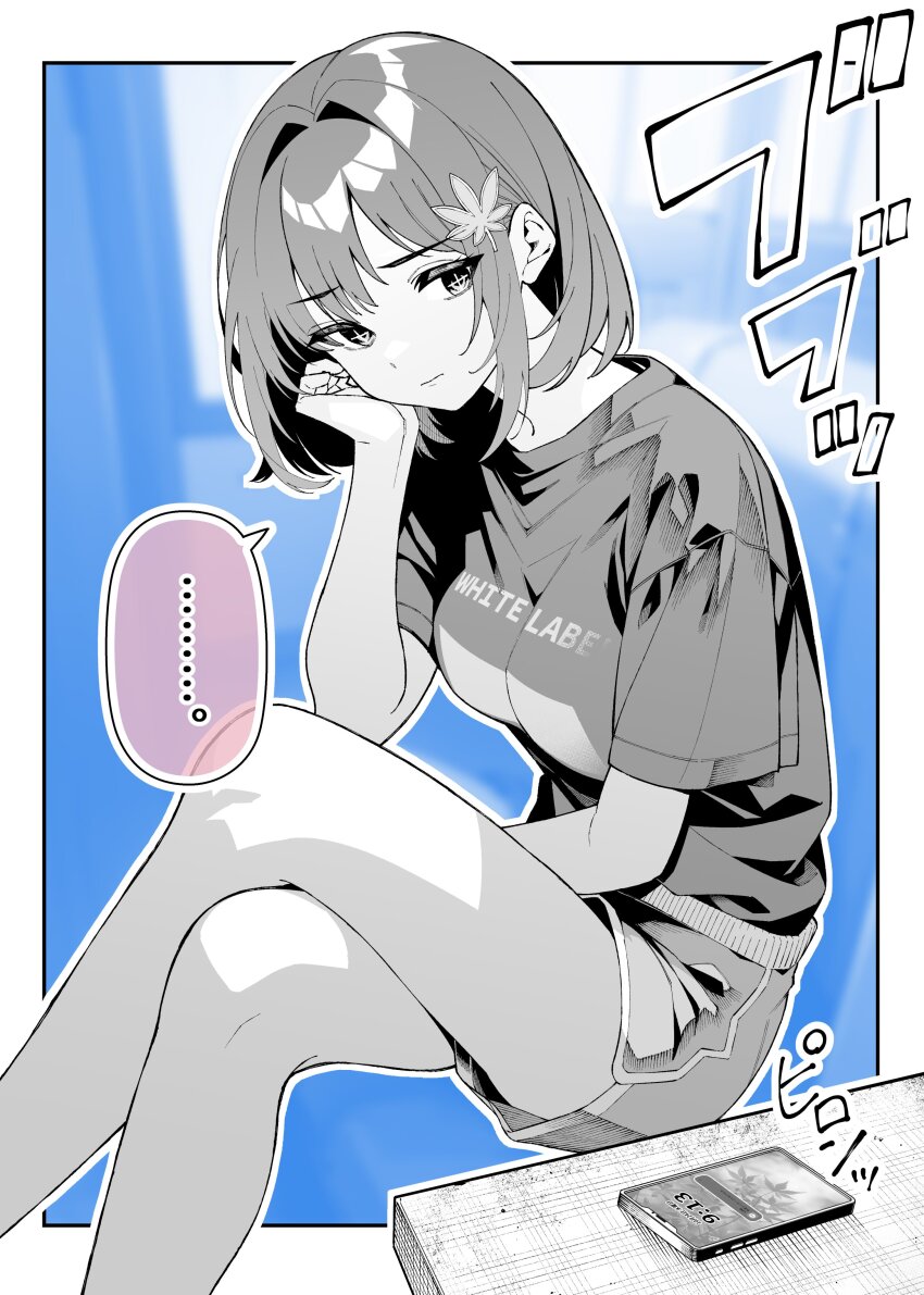 ..., 1girl, absurdres, blue_background, border, breasts, cellphone, colored_speech_bubble, commentary_request, crossed_legs, crosshair_pupils, dolphin_shorts, feet_out_of_frame, hair_intakes, hair_ornament, highres, kaede_(ogata), large_breasts, leaf_hair_ornament, medium_hair, ogata_(ogt_illust), original, outline, outside_border, phone, shirt, short_shorts, shorts, sidelocks, sitting, smartphone, solo, sound_effects, speech_bubble, spoken_ellipsis, t-shirt, translation_request, white_border, white_outline