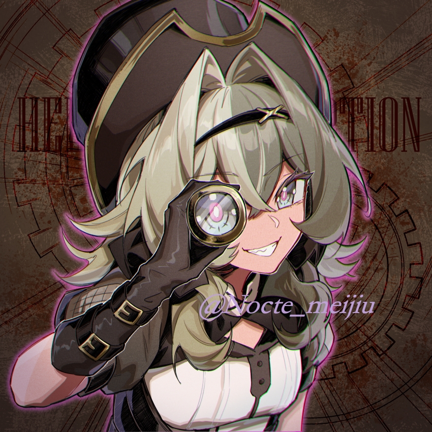 1girl, absurdres, black_hairband, brown_background, brown_gloves, brown_hair, enioreh, gloves