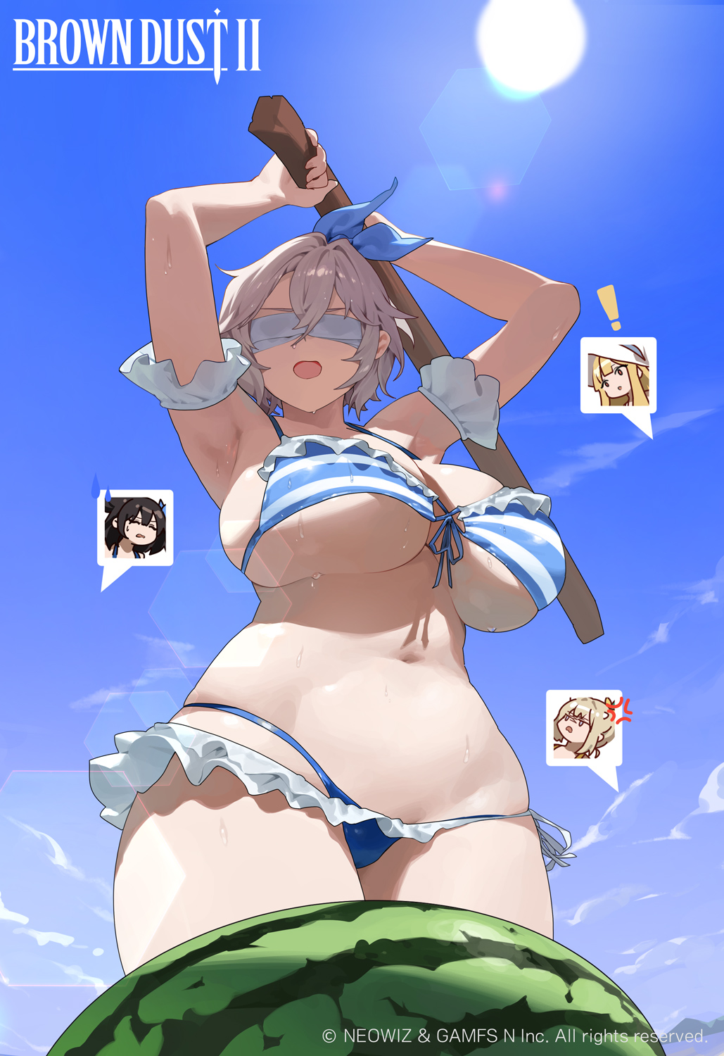 1girl, angelica_(brown_dust), anger_vein, armband, armpits, arms_up, bikini, blue_bikini, blue_ribbon, breasts, brown_dust_(series), brown_dust_2, chibi, chibi_inset, cleavage, club_(weapon), copyright_name, food, frilled_armband, frilled_bikini, frills, from_below, fruit, grey_hair, hair_between_eyes, hair_ribbon, highres, holding, holding_club, holding_weapon, huge_breasts, justia_(brown_dust), justia_(pool_party)_(brown_dust), lens_flare, navel, official_art, open_mouth, ribbon, scheherazade_(brown_dust), scheherazade_(pool_party)_(brown_dust), second-party_source, short_hair, solo, speech_bubble, star741, stomach, striped_bikini, striped_clothes, suikawari, sun, sweatdrop, swimsuit, teresse_(beachside_angel)_(brown_dust), teresse_(brown_dust), underboob, watermelon, weapon, wet