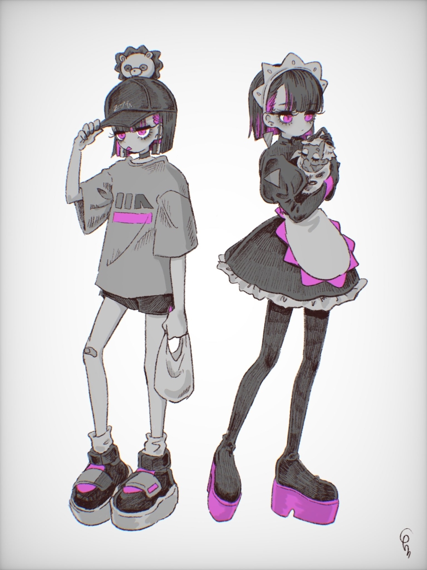 2girls, :p, animal, animal_on_head, apron, baby, baseball_cap, black_footwear