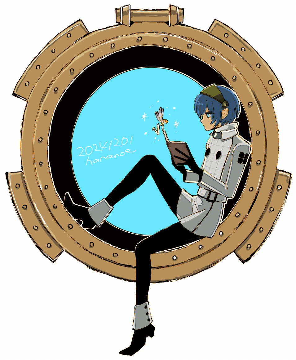 1boy, 1girl, black_gloves, blue_eyes, blue_hair, closed_mouth, coat, commentary_request, dark_blue_hair, dated, fairy, fairy_wings, from_side, full_body, gallica_(metaphor:_refantazio), gloves, hair_between_eyes, hairband, hananoe, knee_up, long_sleeves, male_focus, metal_hairband, metaphor:_refantazio, orange_hair, pants, patterned_clothing, profile, protagonist_(metaphor:_refantazio), round_window, short_hair, signature, silver_hairband, simple_background, sitting, sparkle, white_background, white_coat, window, wings