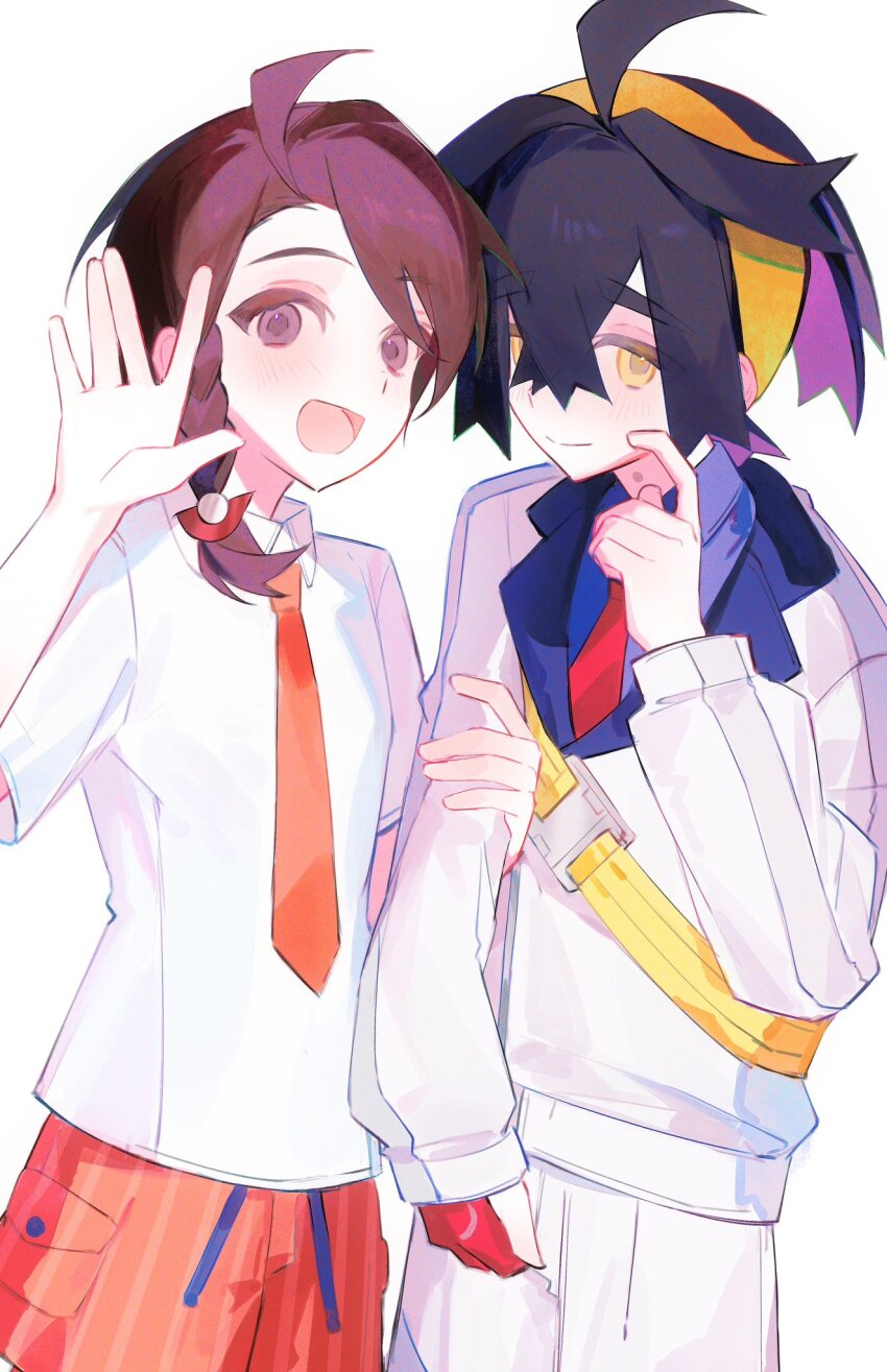 1boy, 1girl, black_hair, brown_eyes, brown_hair, closed_mouth, collared_shirt, crossed_bangs