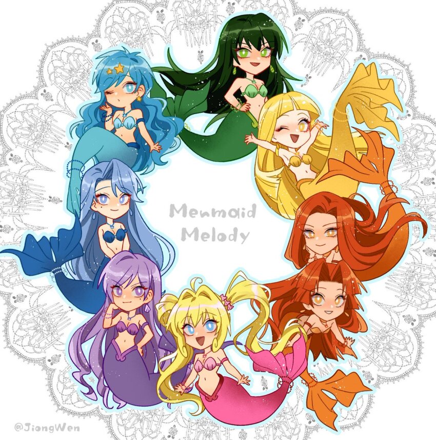 6+girls, blonde_hair, blowing_kiss, blue_eyes, blue_hair, bra, breasts, caren_(mermaid_melody_pichi_pichi_pitch)