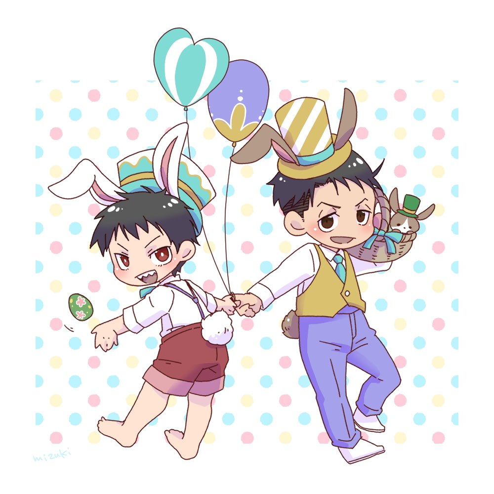 2boys, akitaru_oubi, animal_ears, aqua_necktie, balloon, barefoot, basket, black_hair