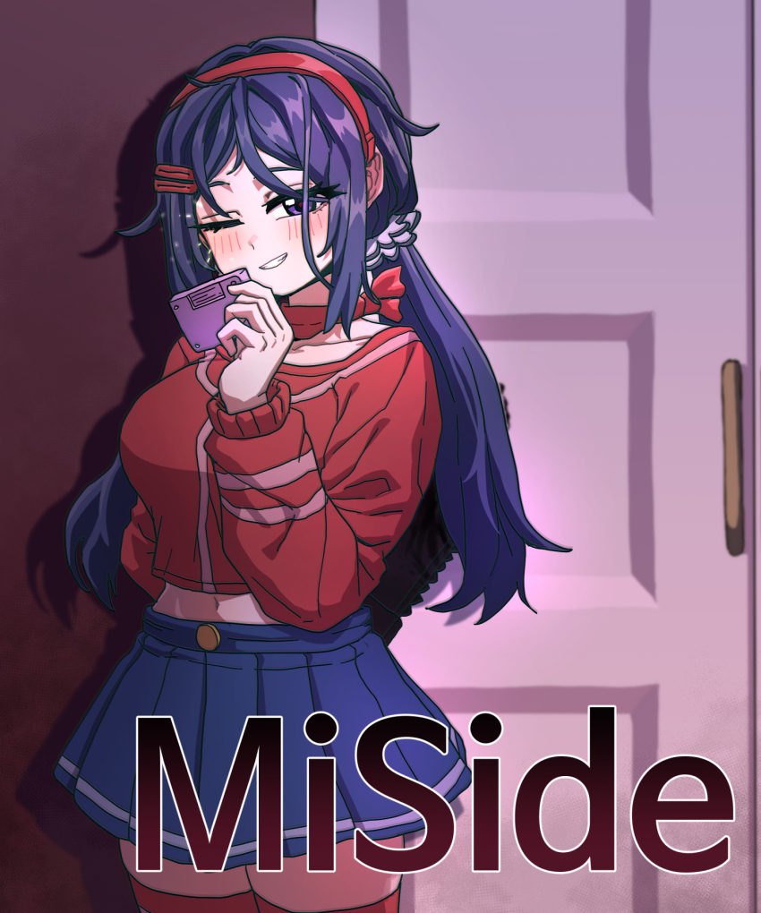 1girl, blue_skirt, blush, choker, commentary, copyright_name, cowboy_shot, crazy_mita_(miside), door, gggoturi, grin, hair_ornament, hairband, hairclip, hand_up, hashtag-only_commentary, highres, holding_game_cartridge, long_hair, long_sleeves, looking_at_viewer, low_twintails, miniskirt, miside, mita_(miside), one_eye_closed, pleated_skirt, purple_eyes, purple_hair, red_choker, red_hairband, red_sweater, red_thighhighs, skirt, smile, solo, standing, sweater, teeth, thighhighs, twintails