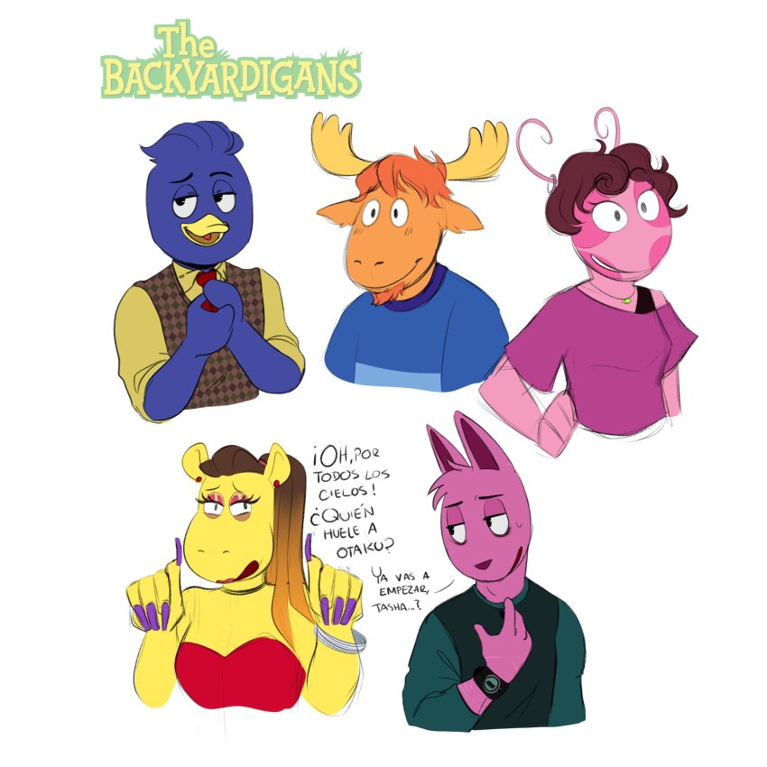 2girls, 3boys, aged_up, artist_request, austin_(backyardigans), bracelet, breasts, brown_hair