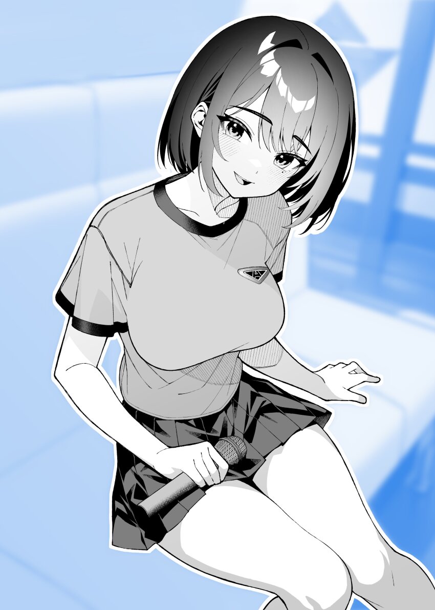 1girl, :d, absurdres, blue_background, breasts, collarbone, commentary_request, feet_out_of_frame