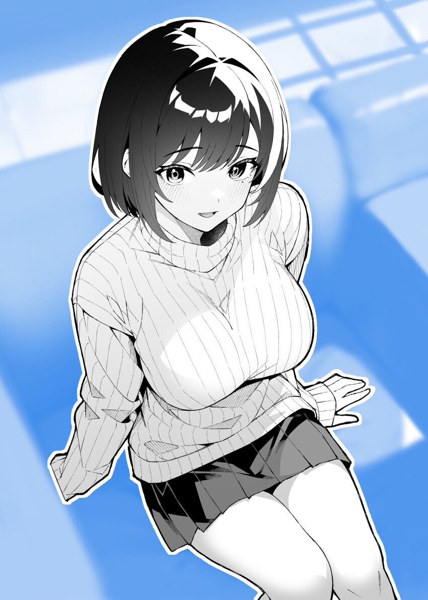 1girl, :d, absurdres, blue_background, blush, breasts, commentary_request, feet_out_of_frame