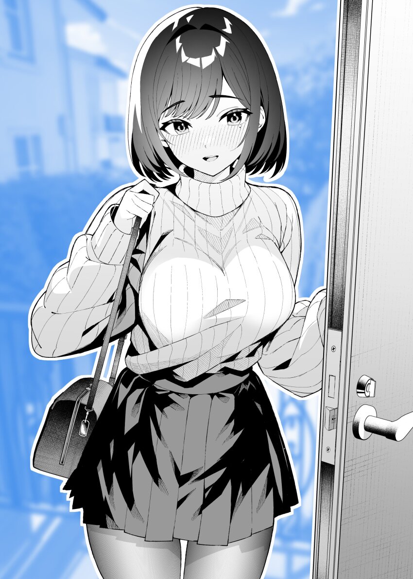 1girl, :d, absurdres, bag, blue_background, blush, breasts, commentary_request