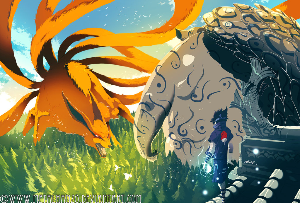 1boy, animal_focus, forest, fox, kyuubi_(naruto), metalhanzo, naruto_(classic), naruto_(series)