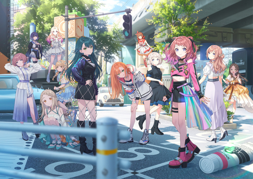 6+girls, ahoge, arimura_mao, bare_shoulders, black_dress, black_footwear, blonde_hair, blue_footwear