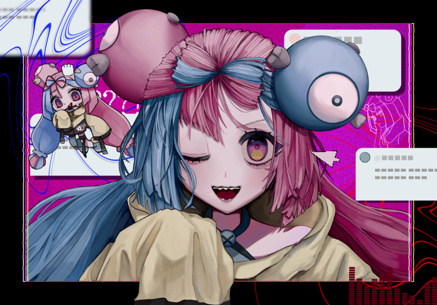 1girl, ;d, blue_hair, bow-shaped_hair, character_hair_ornament, commentary_request, cursor, eyelashes, grey_shirt, hair_ornament, hand_up, highres, iono_(pokemon), jacket, kyo_ya_(utsuroya), multiple_views, nintendo, one_eye_closed, open_mouth, pokemon, pokemon_scarlet_and_violet, purple_eyes, shirt, sleeveless, sleeveless_shirt, smile, teeth, tongue, yellow_jacket