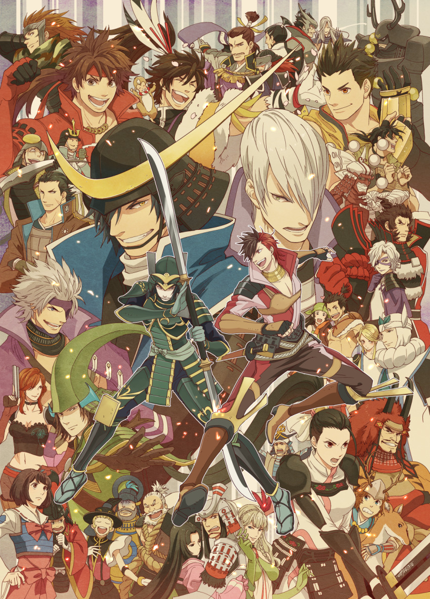 1other, 6+boys, 6+girls, :d, :|, akechi_mitsuhide_(sengoku_basara), armor, ashikaga_yoshiteru_(sengoku_basara)